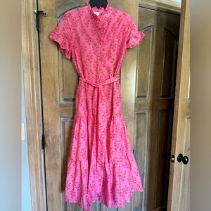 J. Marie Button Up Ruffle Sleeve Tie Waist Tiered Midi Dress - XS